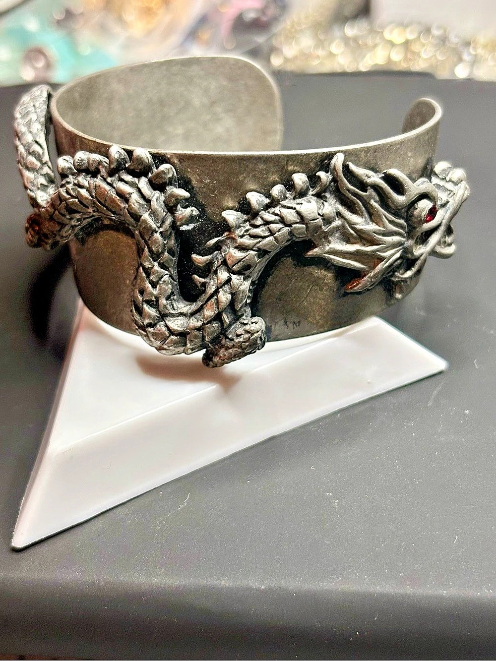 Artisan Gothic Silver Dragon Cuff Bracelet - 1" Chunky Statement